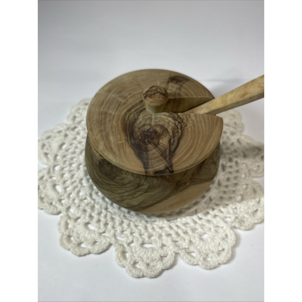 Vintage Handcrafted Wood Salt Cellar Sugar Bowl with Lid and Spoon 3 Piece Set